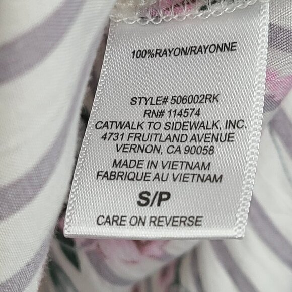 Pleione White Gray Pink Floral Long Sleeve Slinky Button Front Oversized Top - Picture 6 of 7